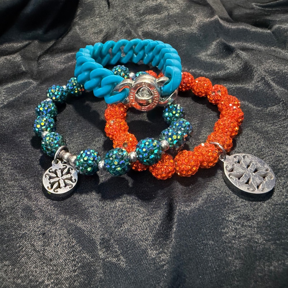 Rustic Cuff Bracelet Set OS Turquoise Orange Teal Beaded Silicone Link Stack